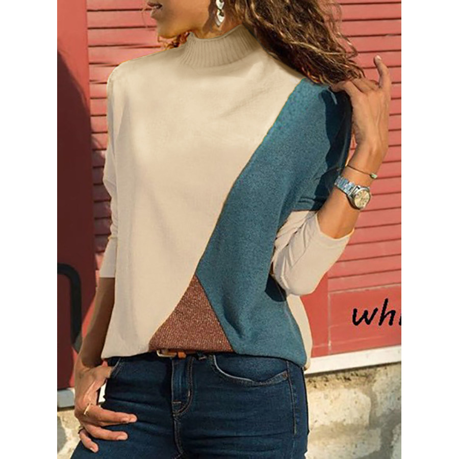 

High Neck Patchwork Contrast Stitching Color Block Sweaters
