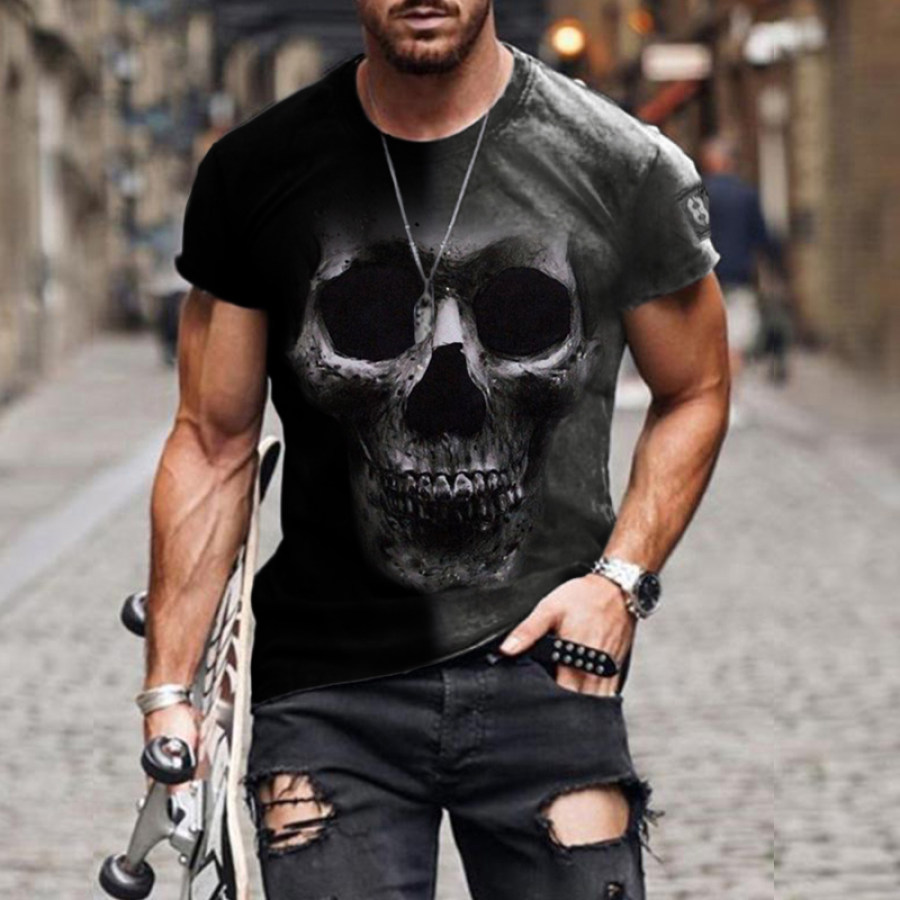 

Casual Round Neck Short Sleeve Color Block Skull Print T-shirt