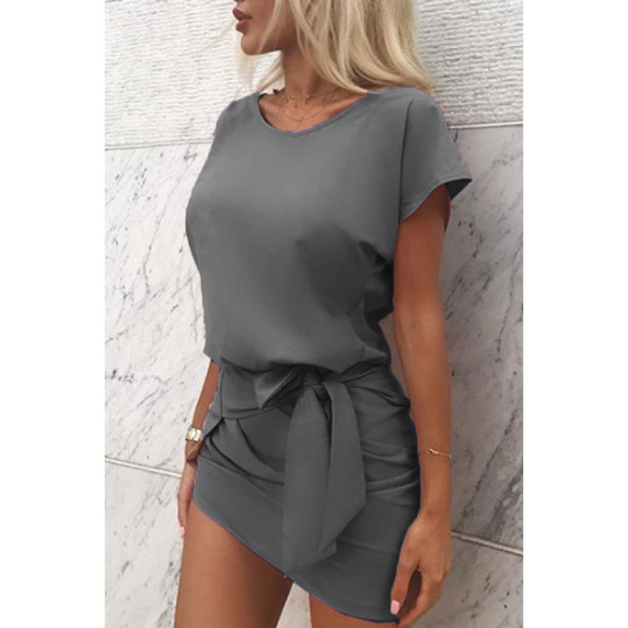 

Round Neck Asymmetric Hem Belt Plain Batwing Sleeve Extra Short Sleeve Casual Dresses