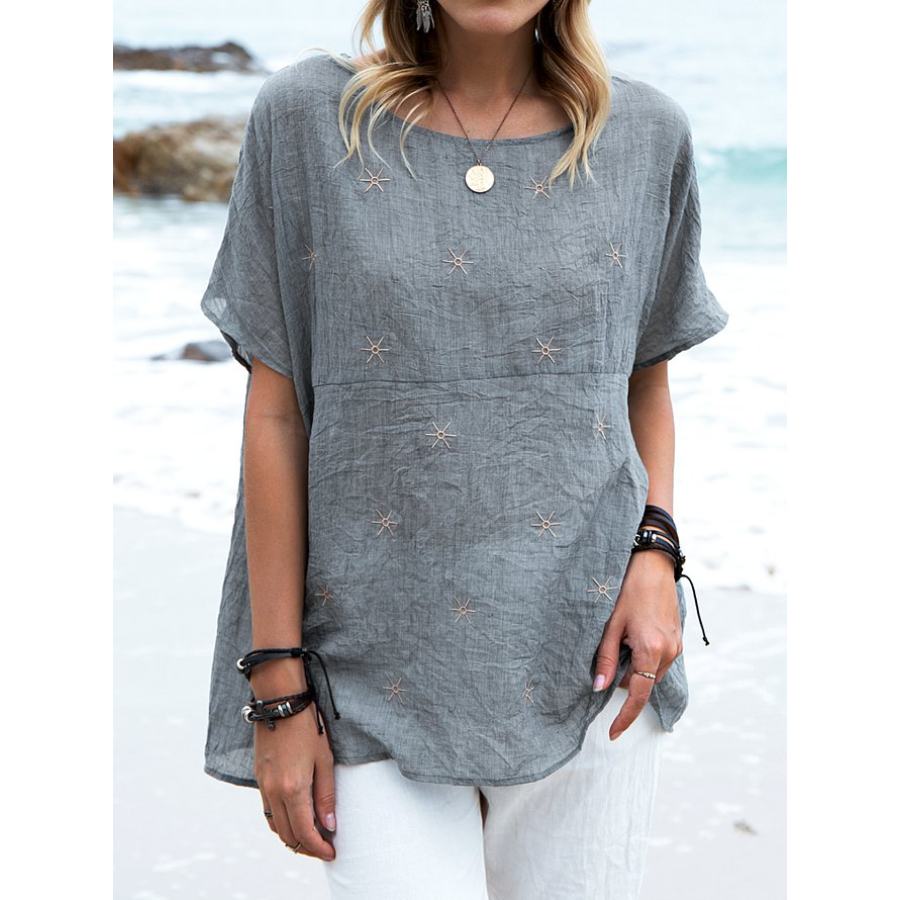 

Casual Short Sleeve Scoop Neckline Embroidered Shirts Tops