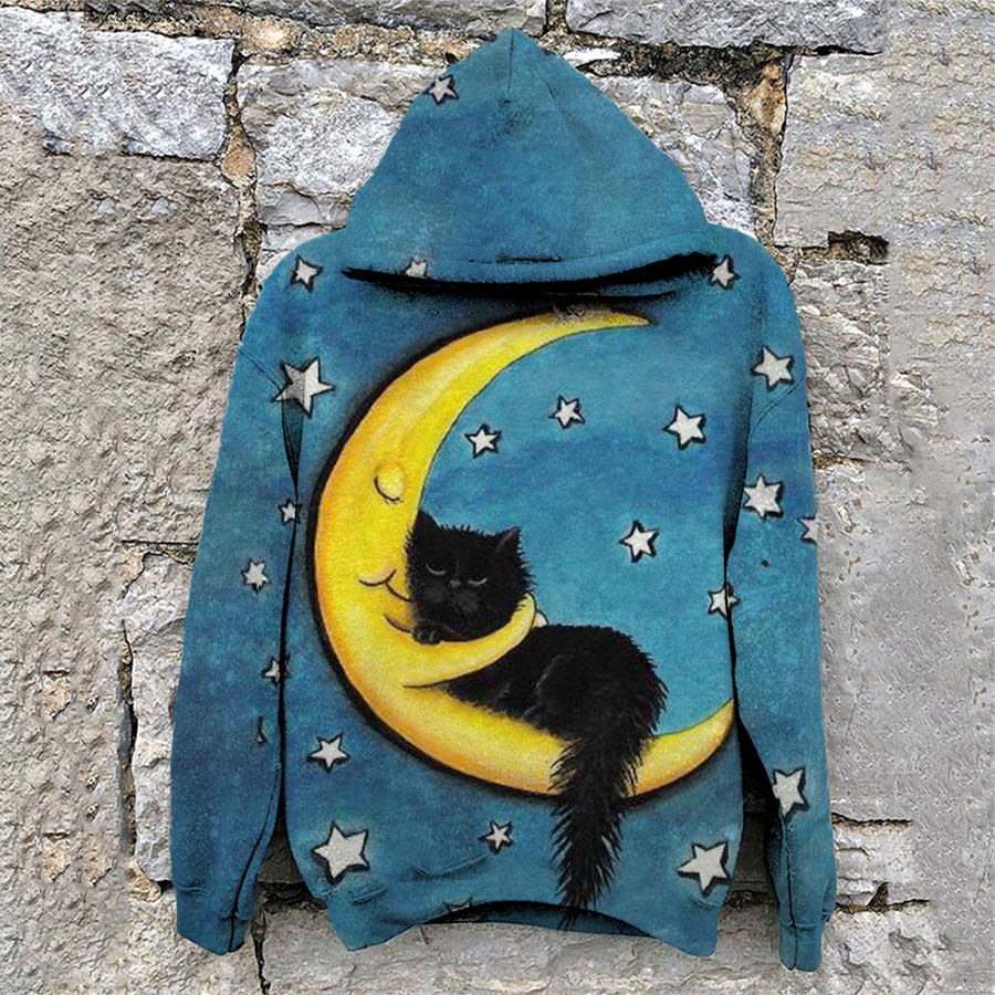 

Cute Cat And Moon Print Hoodie