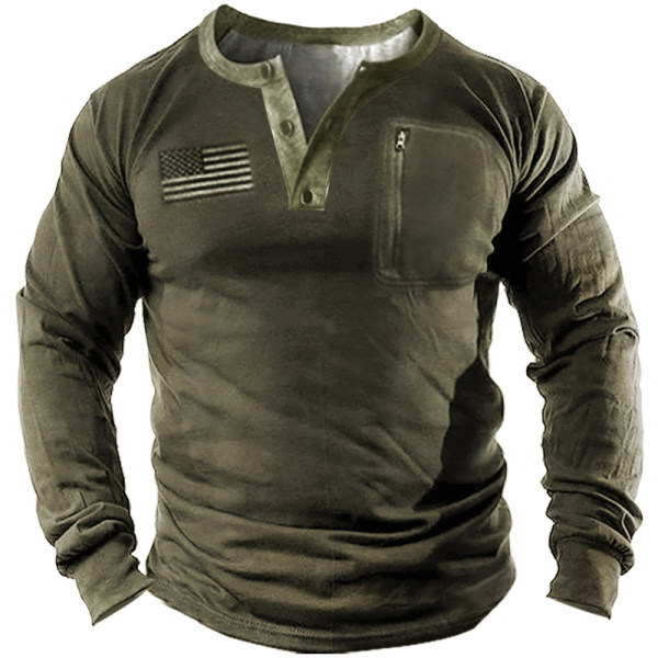 Men's Outdoor American Flag Vintage Henley Shirt