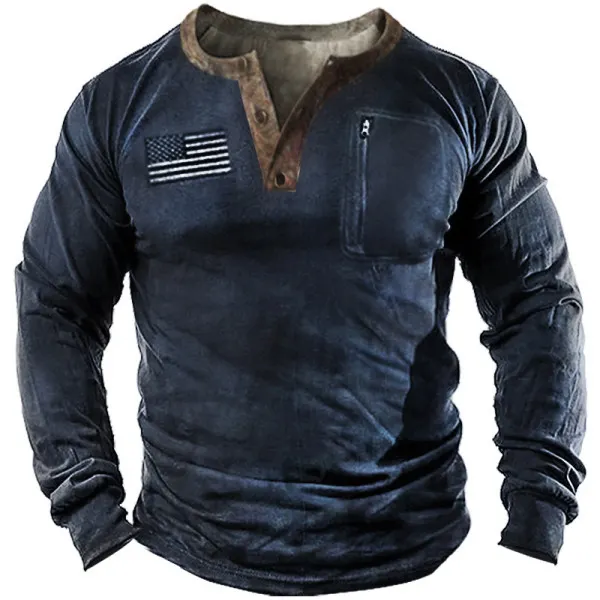 Men's Retro Outdoor American Flag Vintage Pullover Henry Shirt
