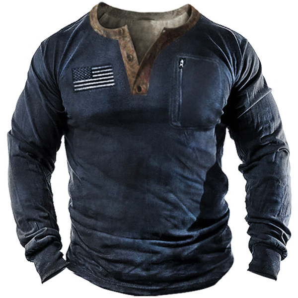 Men's Retro Outdoor American Flag Vintage Pullover Henry Shirt