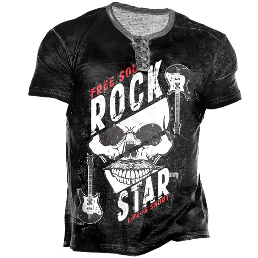 

Men's Retro Rock Print Henley T-Shirt
