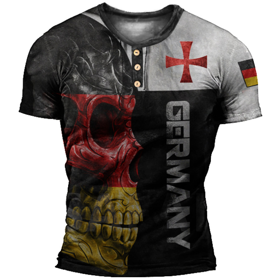 

Men's Outdoor Crusades German Flag Skull Tactical Henley Collar T-shirt