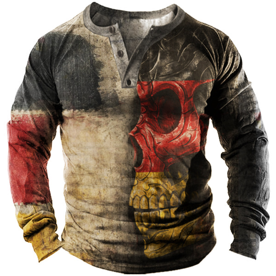 

Men's Outdoor German Flag Skull Tactical Henley Collar T-shirt