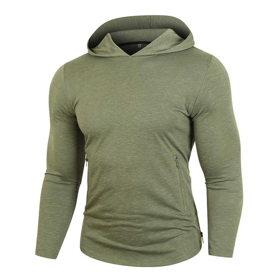 Men's Multi-Zip Rounded Hem Hooded Long Sleeve T-Shirt