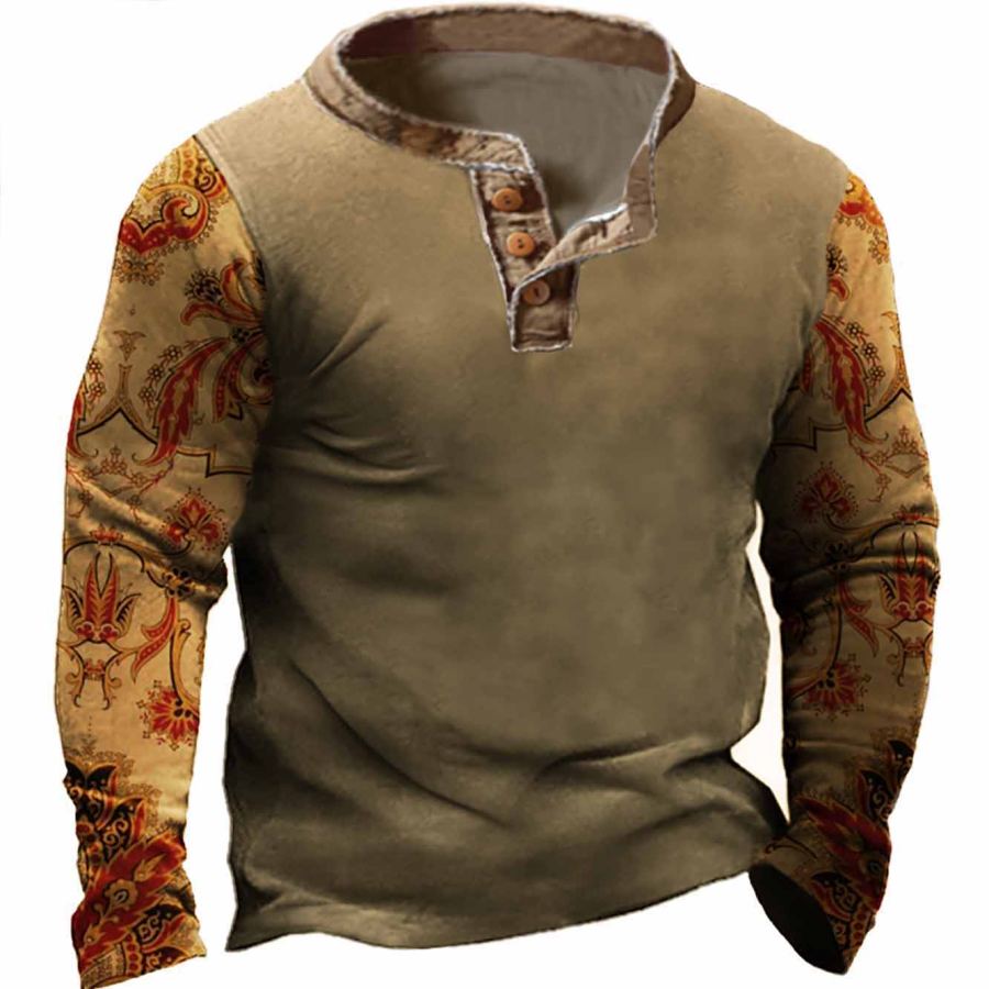 

Men's Outdoor Vintage Ethnic Print Henley Long Sleeve T-Shirt