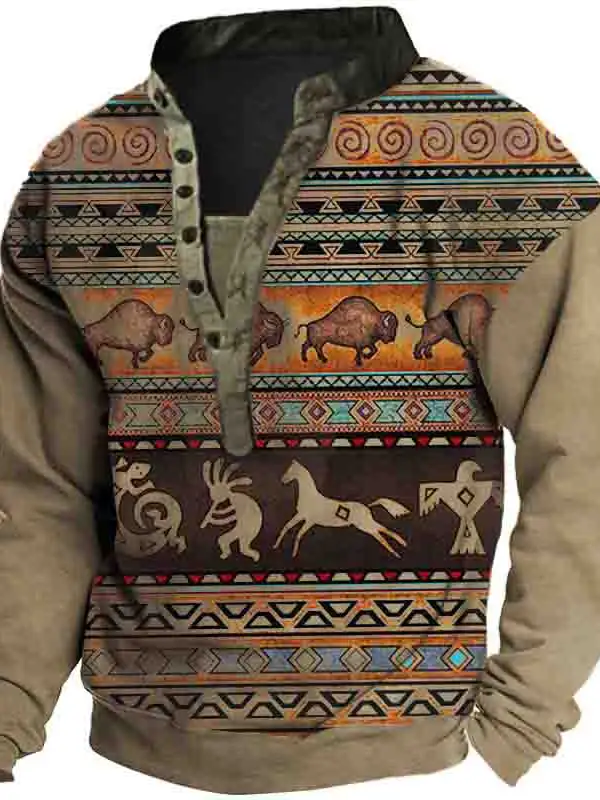 Men's Outdoor Vintage Western Aztec Henley Collar Sweatshirt - Oasisjoy.com 