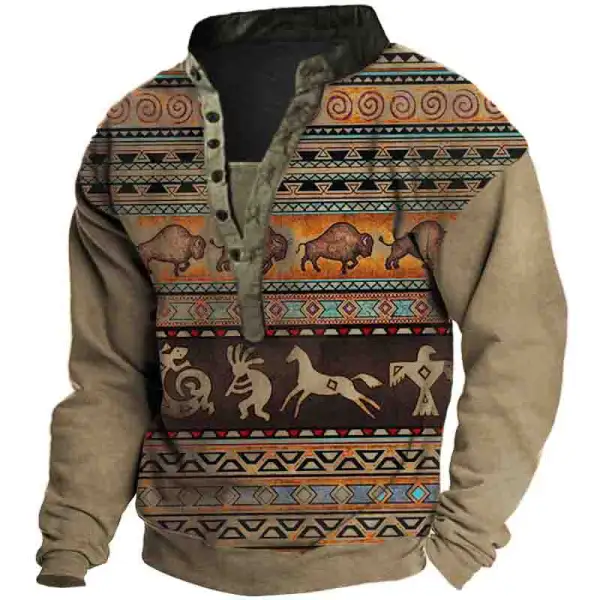Men's Outdoor Vintage Western Aztec Henley Collar Sweatshirt - Enocher.com 