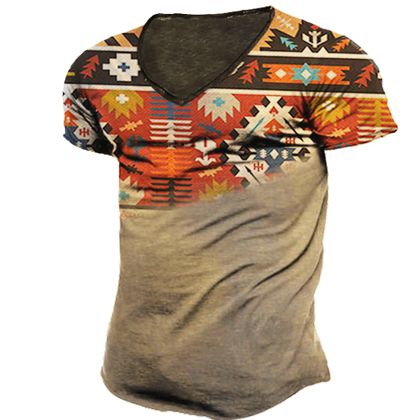Men's Outdoor Western Ethnic Chic Pattern Tactical V Collar T-shirt