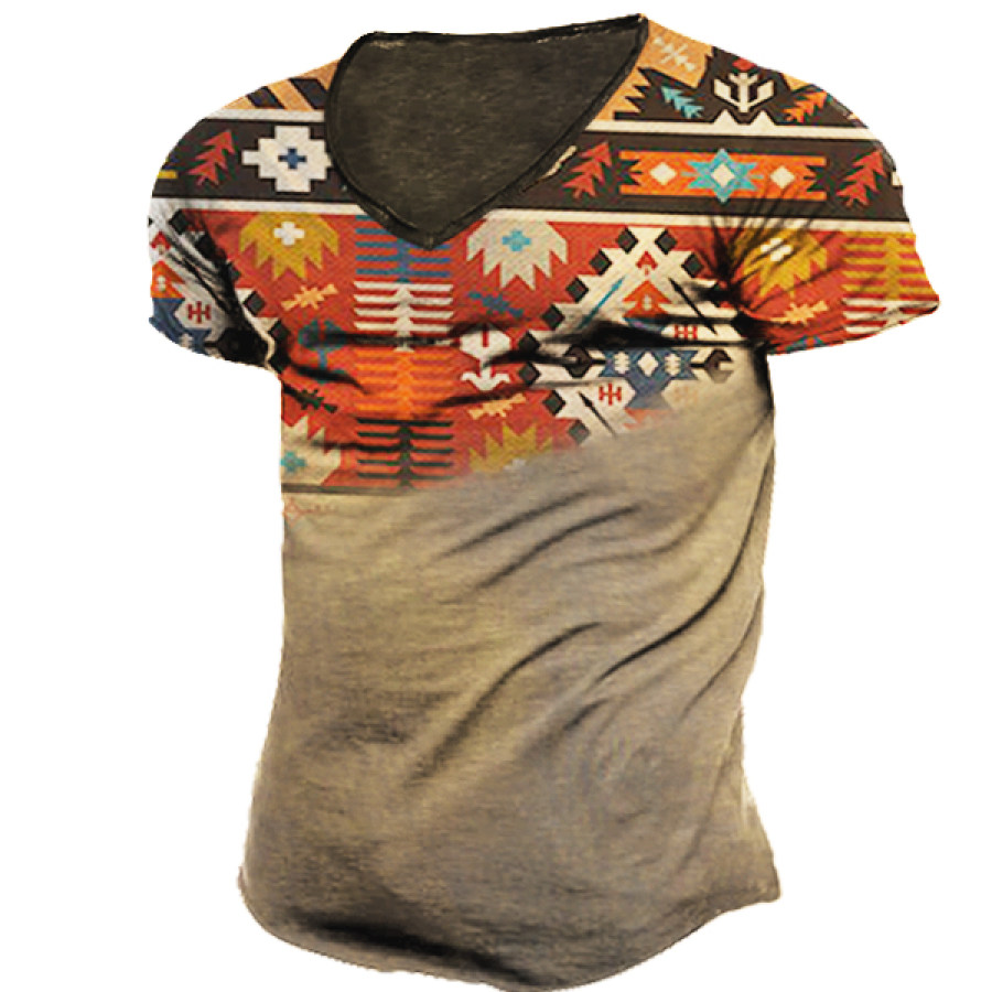 

Men's Outdoor Western Ethnic Pattern Tactical V Collar T-shirt