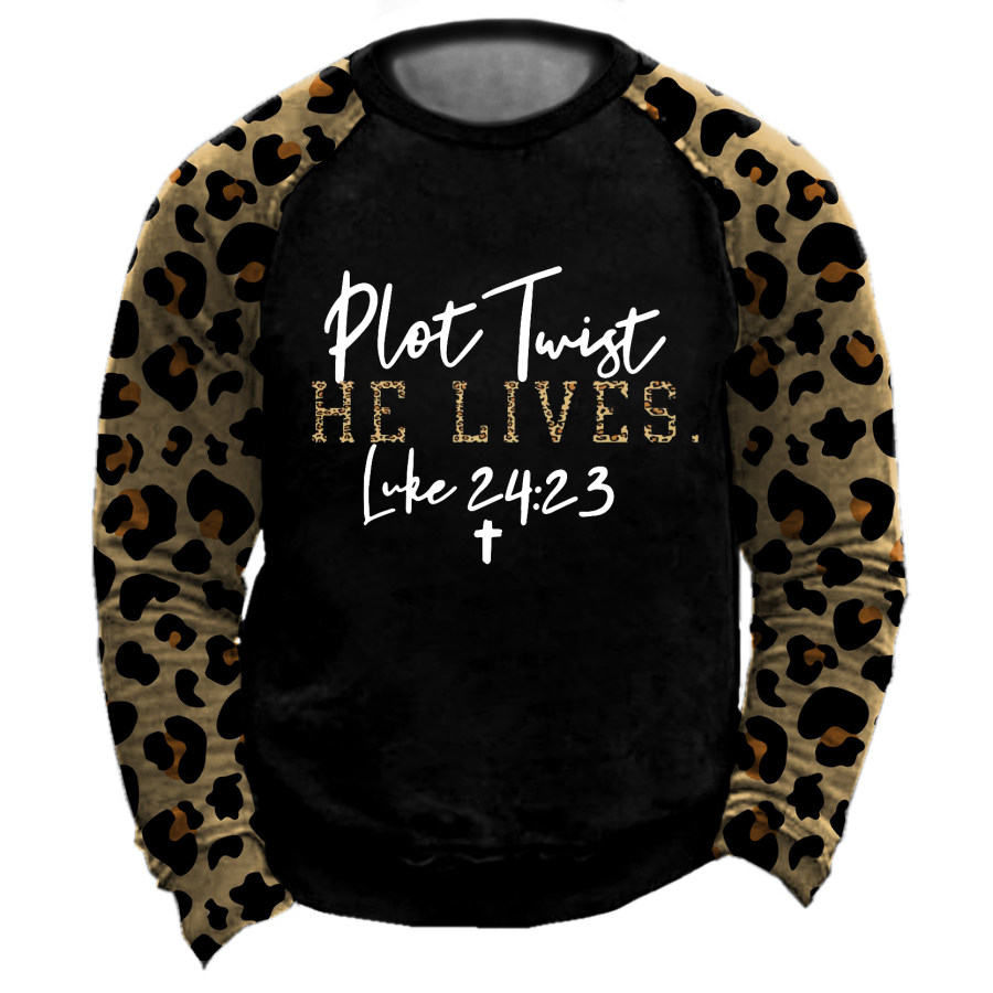

Men's Outdoor Plot Twist He Lives Luke 24:23 Leopard Sleeve Sweatshirt