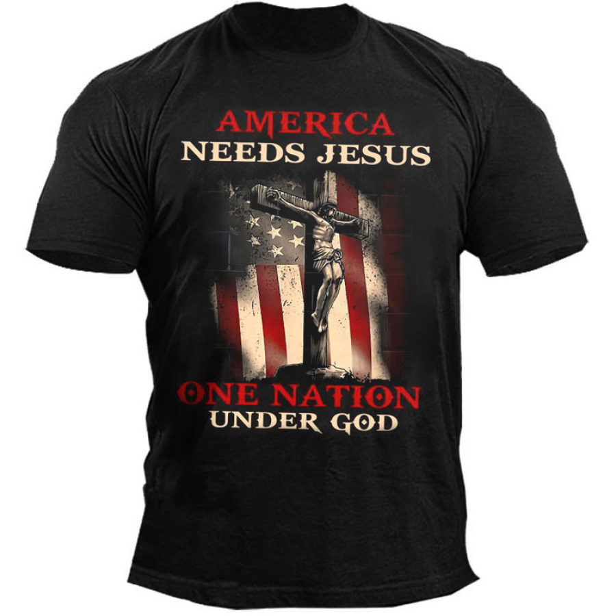 

Men's Outdoor America Needs Jesus One Nation Under God Printed Cotton T-Shirt