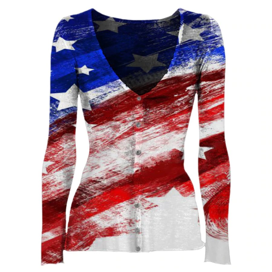 

American Flag Womens Round V Neck Long Sleeve T-shirt