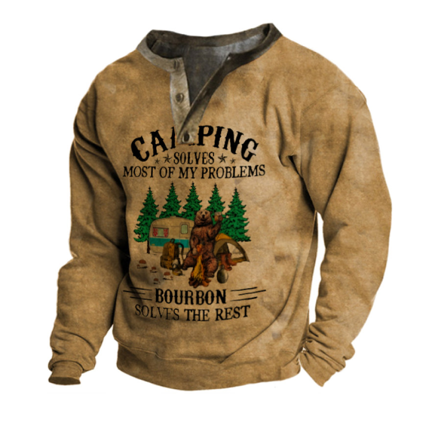 

Men's Camping Outdoor Vintage Color Henley Collar Sweatshirt