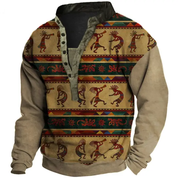 Western Aztec Panttern Outdoor Vintage Henley Collar Sweatshirt