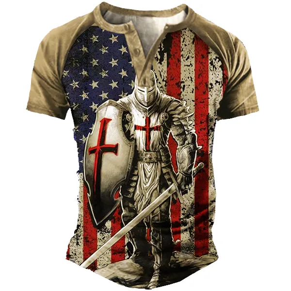 American Flag Templar Jesus Cross Vintage Print Henley T-Shirt - Kalesafe.com 