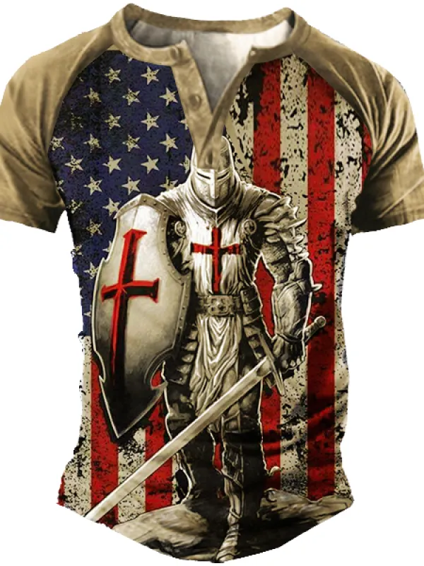 American Flag Templar Jesus Cross Vintage Print Henley T-Shirt - Oasisjoy.com 