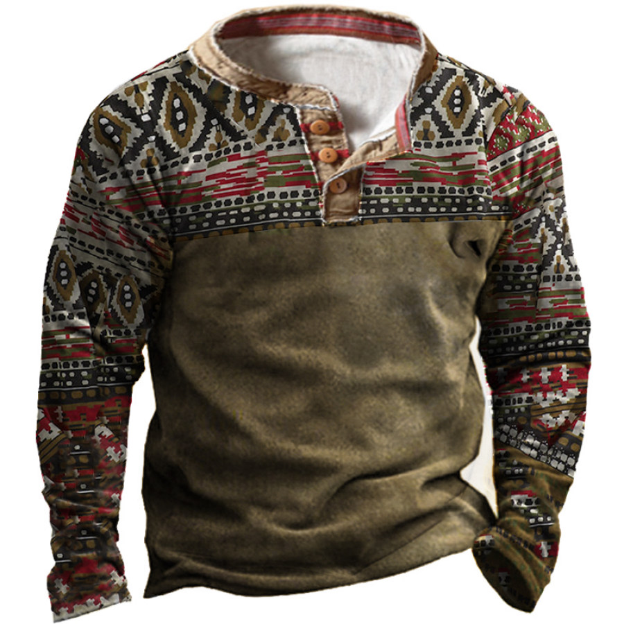 

Men's Outdoor Western Style Retro Print Henley Sweater
