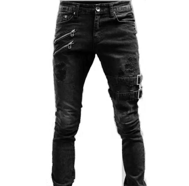 Men's Stretch Ripped Metal Chic Buckle Biker Jeans