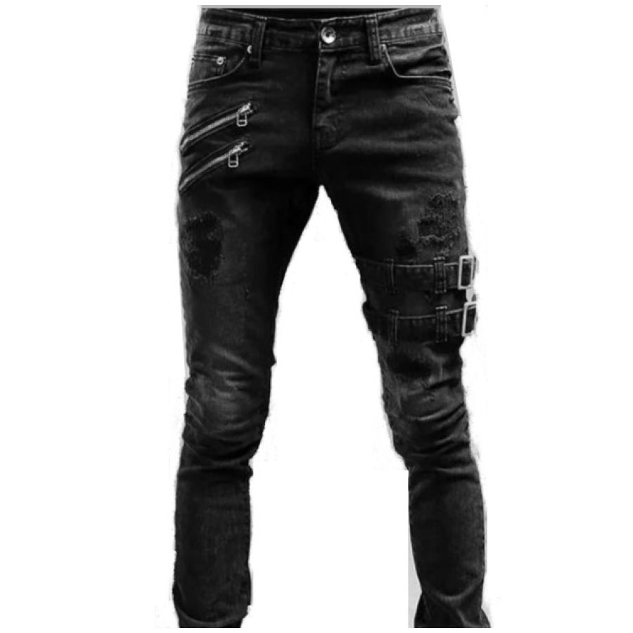 

Men's Stretch Ripped Metal Buckle Biker Jeans