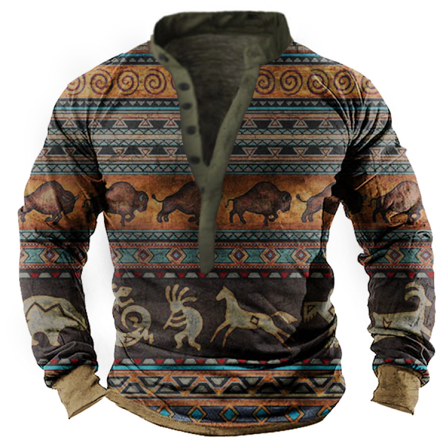 

Men's Outdoor Native American Animal Pattern Tactical Henley Collar T-shirt
