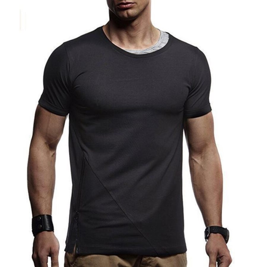 

Men's Patchwork Neck Zip Hem T-Shirt