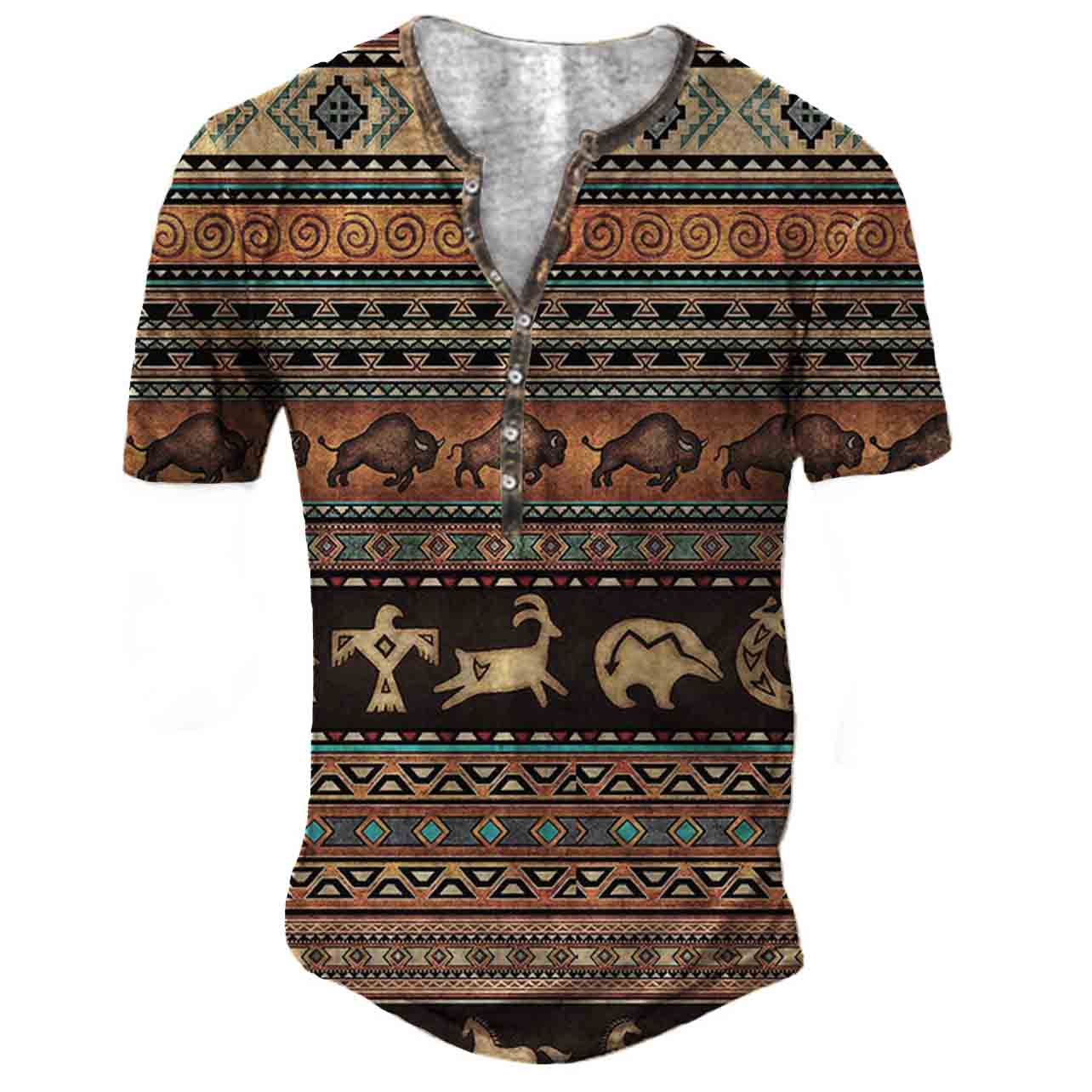 Men's Outdoor Vintage Western Chic Aztec Print Henley T-shirt