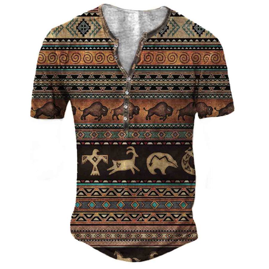 

Camiseta Masculina Ao Ar Livre Vintage Ocidental Com Estampa Asteca Henley