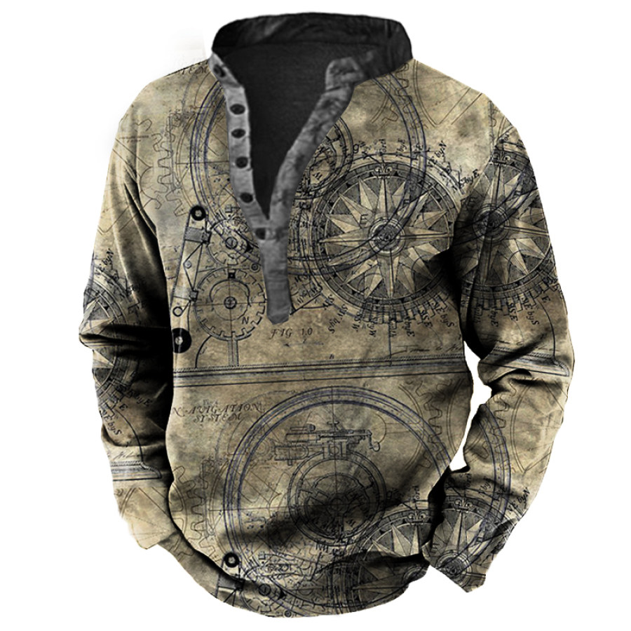 

AutoWheel II Men's Outdoor Nautical Compass Print Henley Sweatshirt