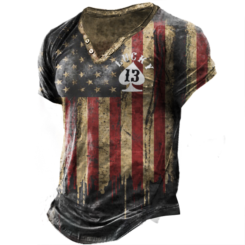 Men's Outdoor Vintage American Chic Flag Luck 13 Henry T-shirt