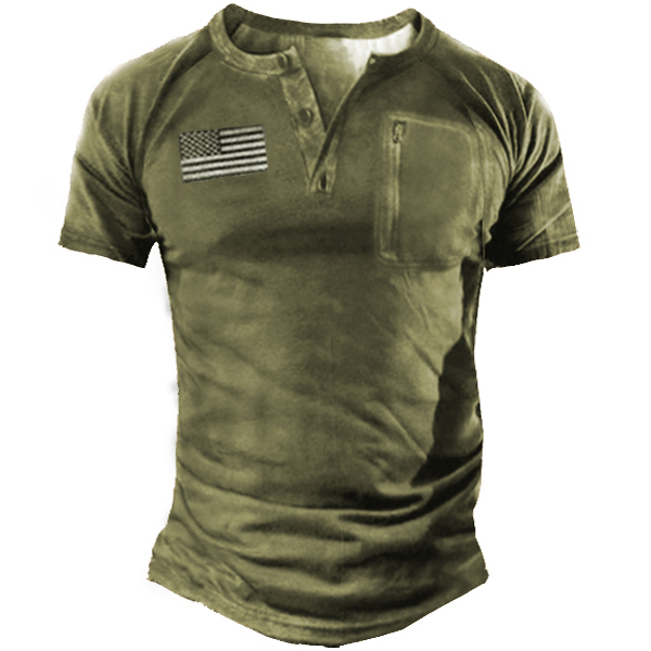 American Flag Men's Outdoor Chic Retro Tactical Henley Short Sleeve T-shirt