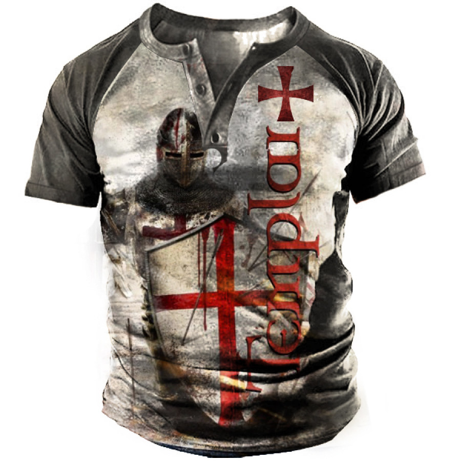 

Templar Jesus Cross Vintage Print Henley Men's Short Sleeves T-Shirt