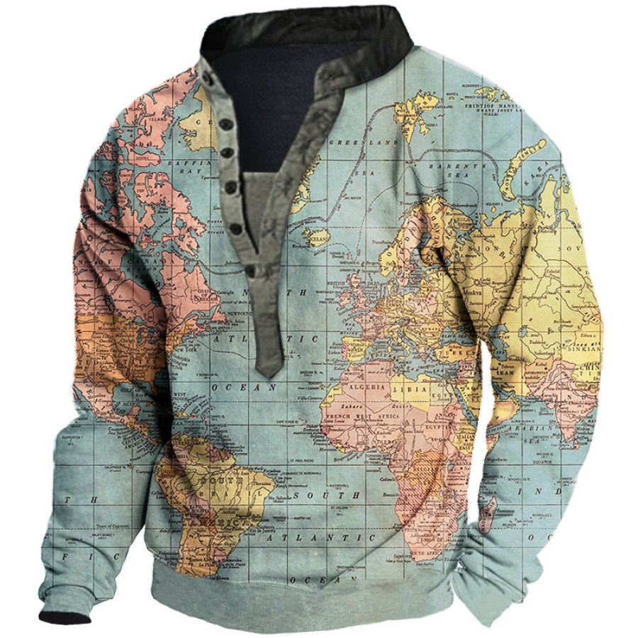 

Men's Outdoor World Map Print Henley Collar Sweatshirt