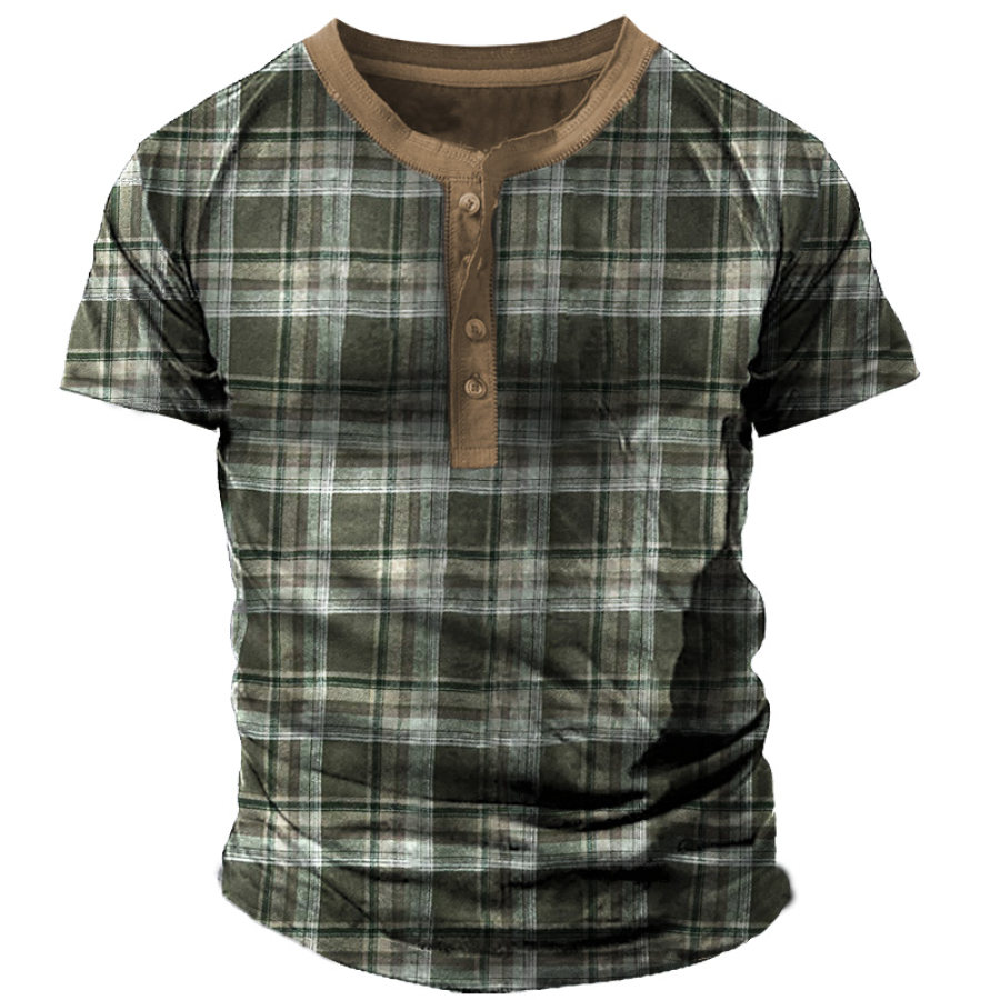 

T-shirt Décontracté Henley Tactique à Carreaux Vintage Pour Hommes