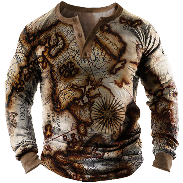 Men's Outdoor Vintage Map Print Chic Henley Long Sleeve T-shirt