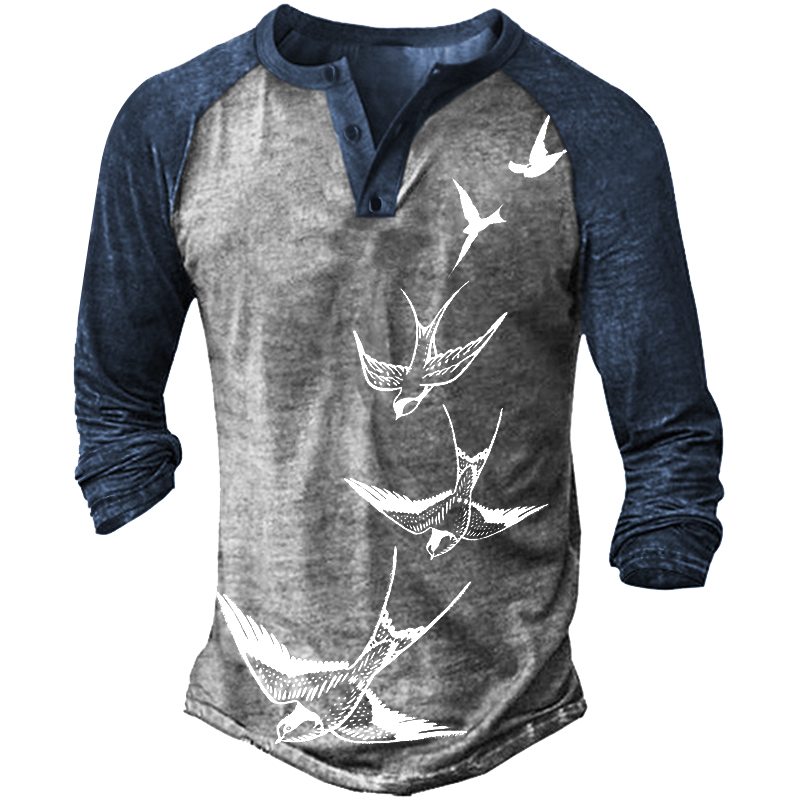 Men's Bird Print Henley Chic Long Sleeve T-shirt