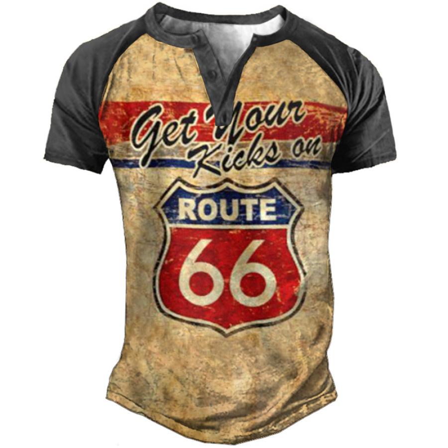 

Men's Vintage Route 66 Print Henley Collar Short Sleeve T-Shirt