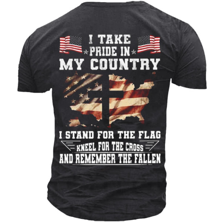 

Я горжусь своей страной я стою перед флагом преклоняю колени перед крестом и помню павших хлопковая футболка с коротким рукавом