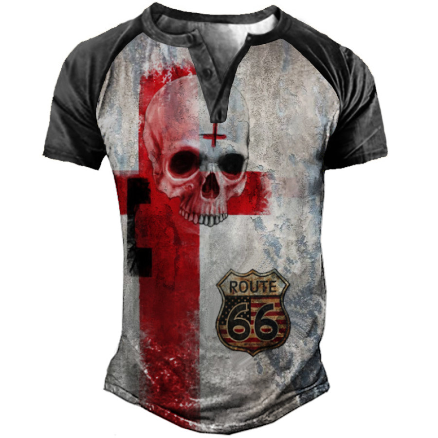 

Men's Outdoor Skull Cross Route 66 Henley Collar T-Shirt