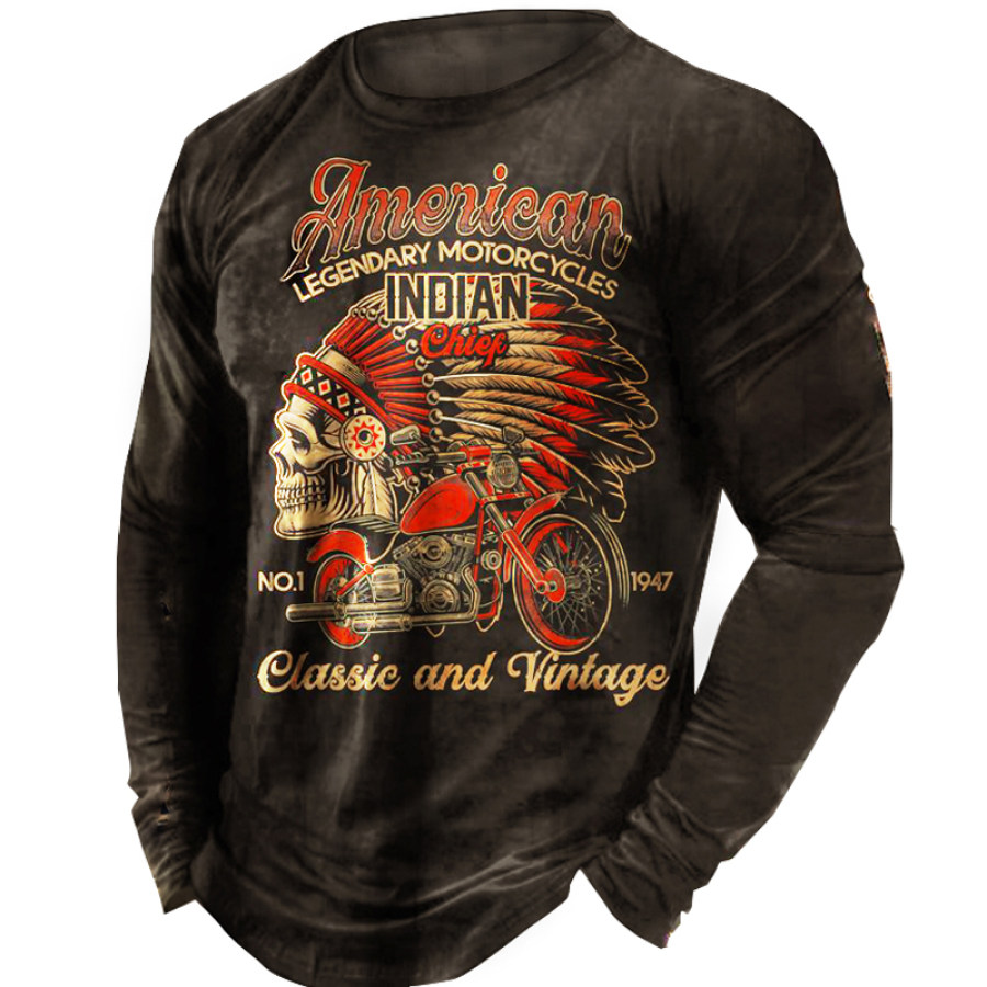 

American Indian Motorcycle Old Rider Men's Vintage Print Long Sleeve T-Shirt