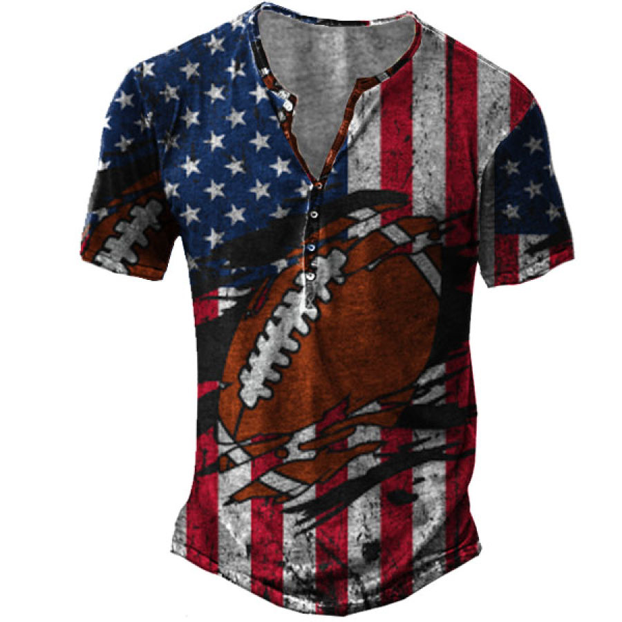 

Mens American Flag Football Print Henley Short Sleeve T-Shirt