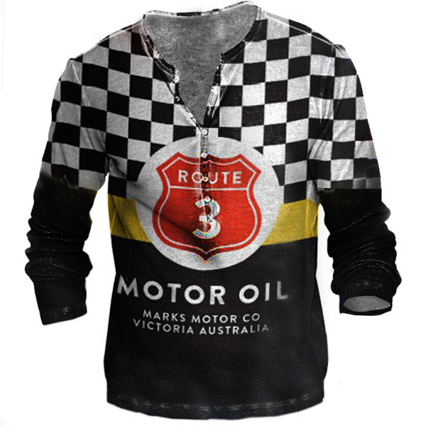 Race Car Can Vintage Chic Motor Oil Men's Vintage Henley Long Sleeve T-shirt