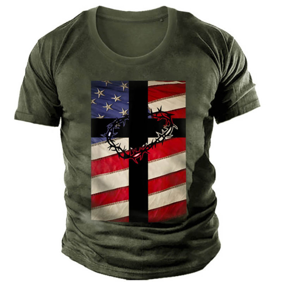 

Men's Outdoor Christian Cross American Flag Cotton T-Shirt