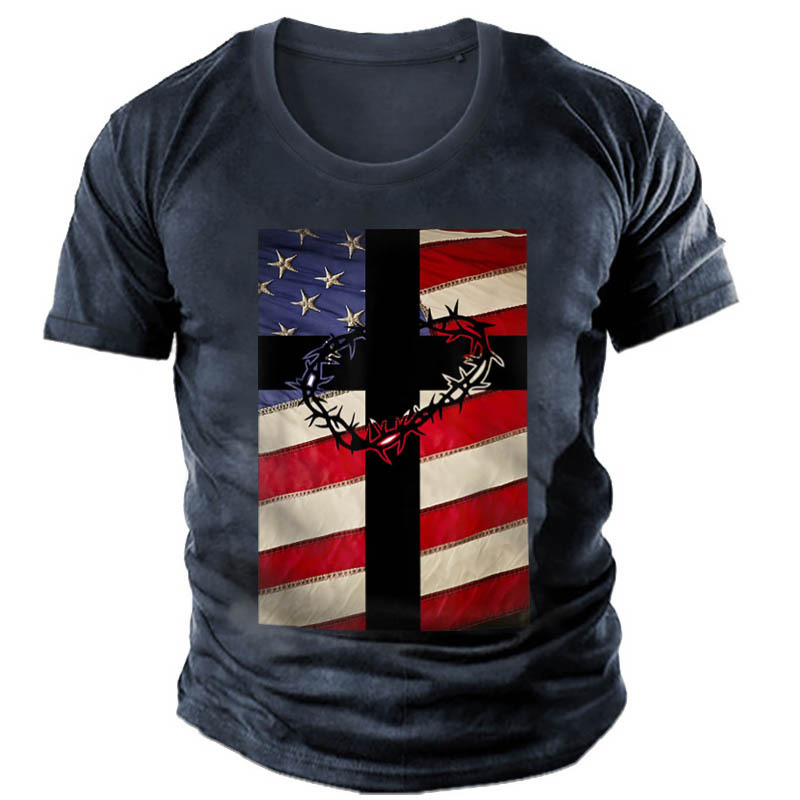 Men's Outdoor Christian Cross Chic American Flag Cotton T-shirt