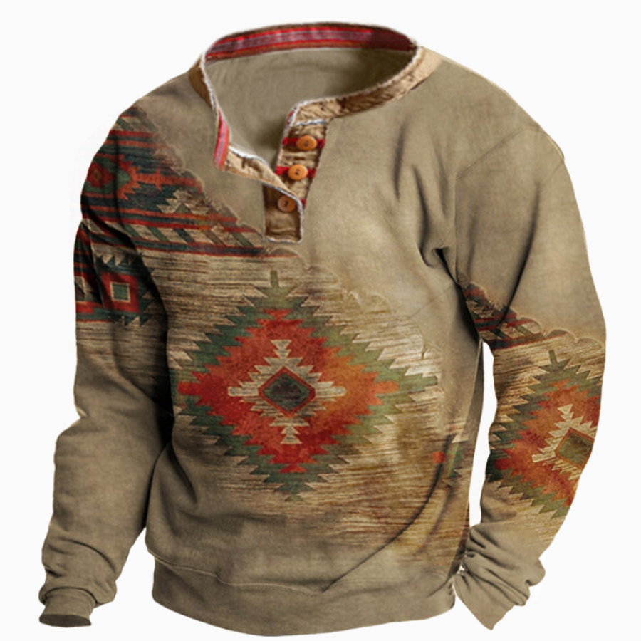 

Western Aztec Panttern Men's Outdoor Vintage Henley Collar Sweatshirt