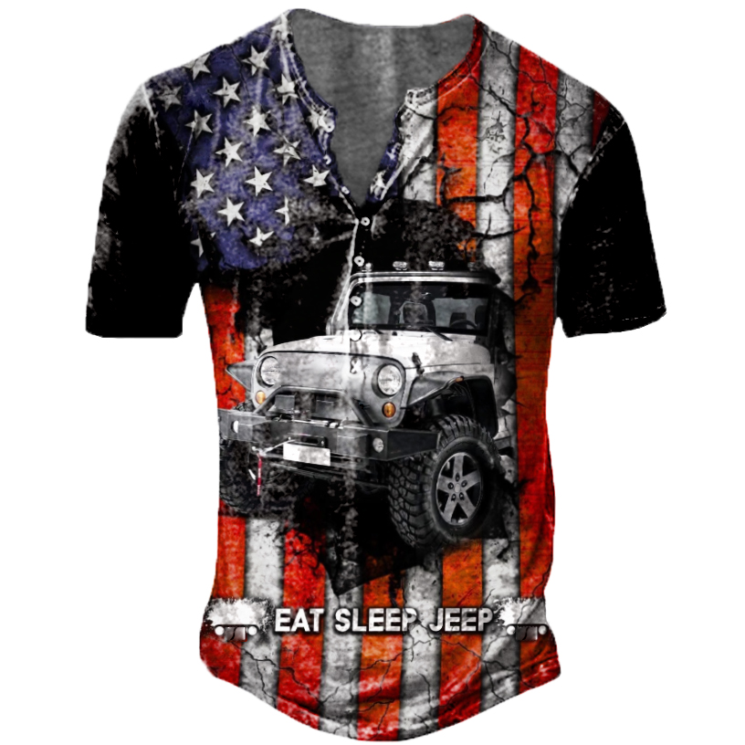 Men's Outdoor Vintage American Chic Flag Jeep Lovers Henry T-shirt
