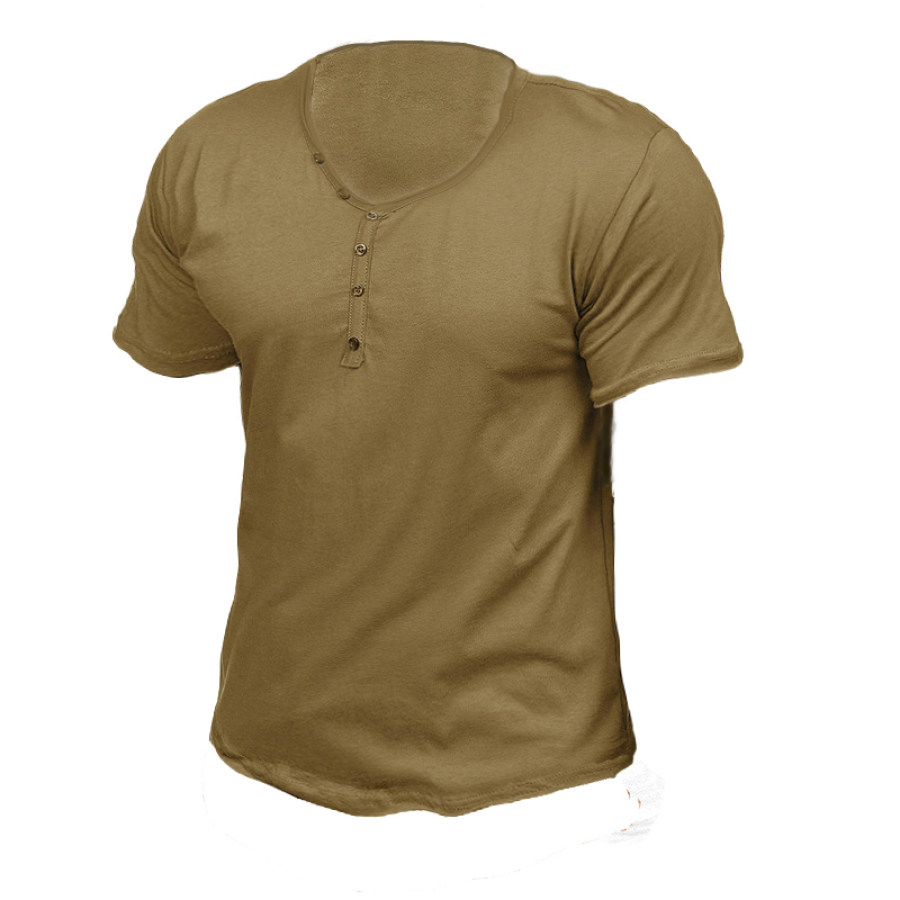 

Men's V-Neck Henry Neck Button-Up T-Shirt